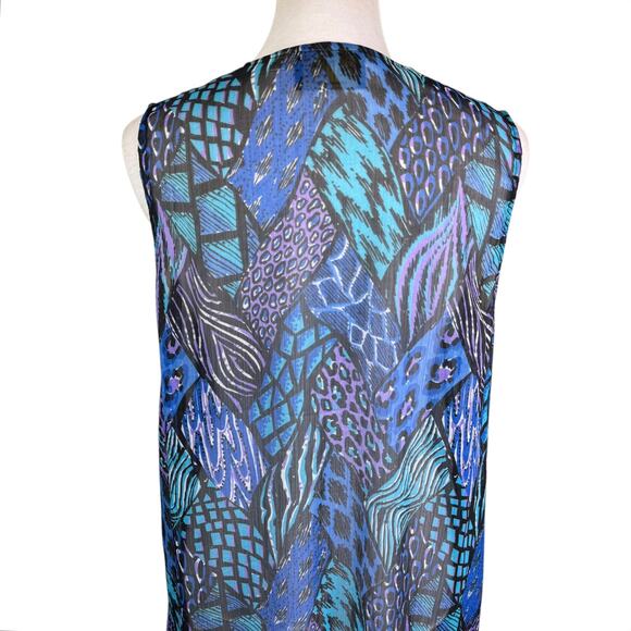 Bob Mackie Blue Purple Print Sheer Chiffon Sleeveless Western Layering Vest - Picture 6 of 10